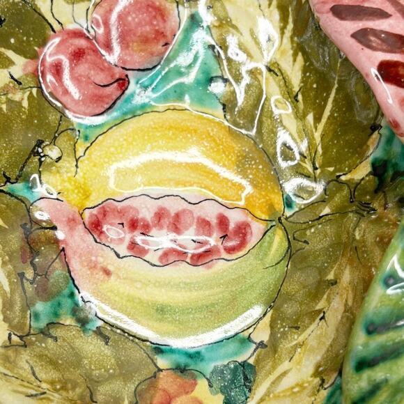 Vintage Italian Hand Painted Pottery Majolica Fruits Leaves Divided Serving Dish - Picture 11 of 13